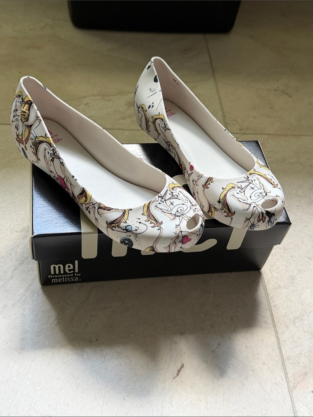 Melissa White Printed Peep-Toe Ballet Flats with Multicolor Sketch Print